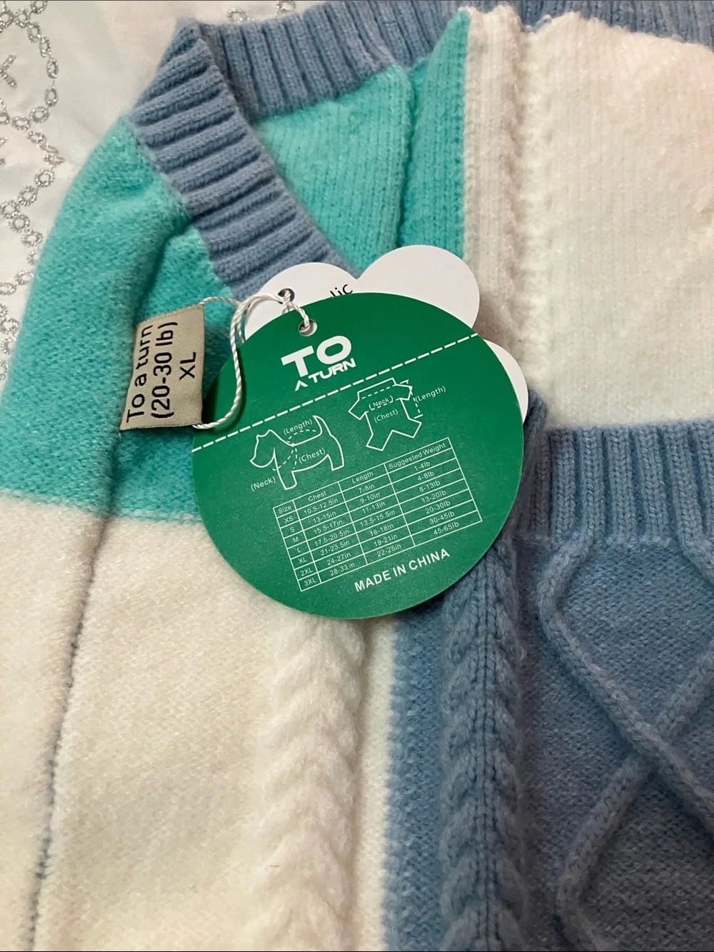 Cable-Knit Dog Sweater in Mint, White & Light Blue